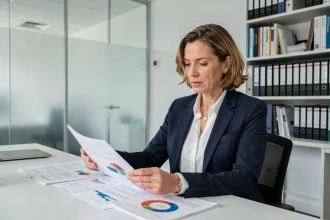 Statisticienne de l'INSEE analysant des rapports démographiques dans un bureau gouvernemental moderne à Paris