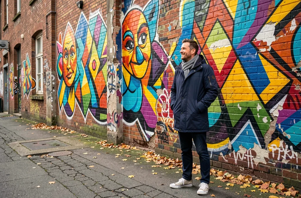 Homme admirant une fresque de street art colorée dans le quartier Wazemmes à Lille