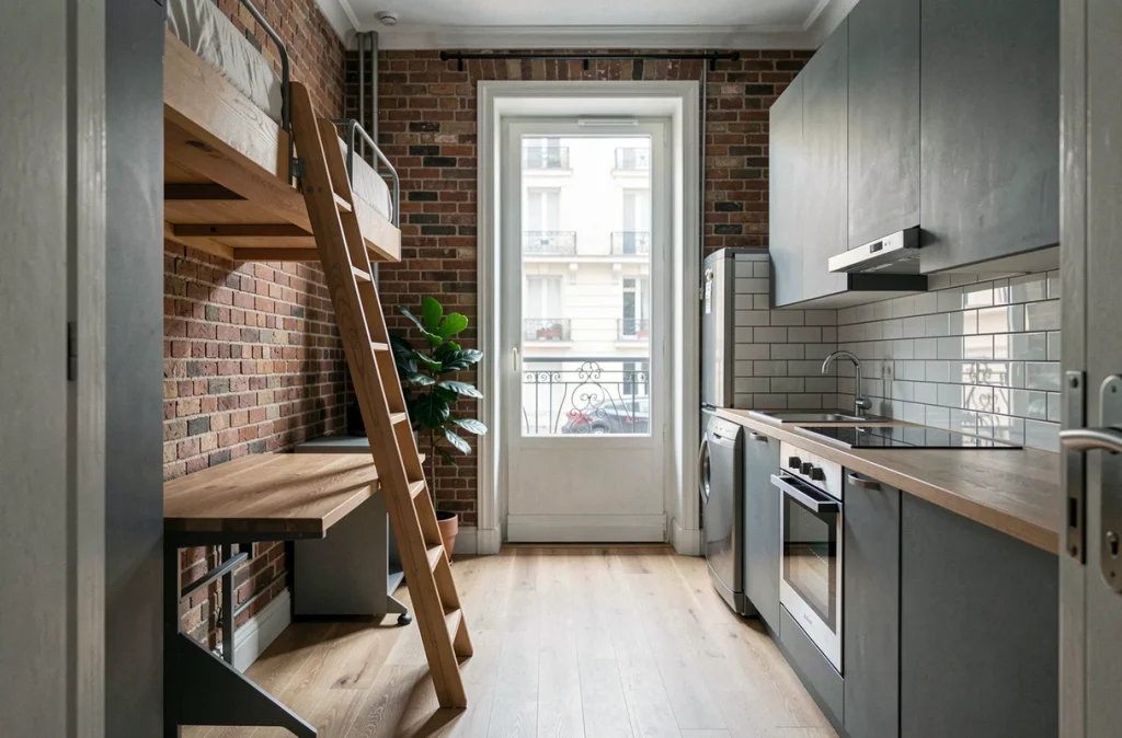 Studio meublé moderne à Lyon avec espace bureau et kitchenette dans un immeuble ancien en brique