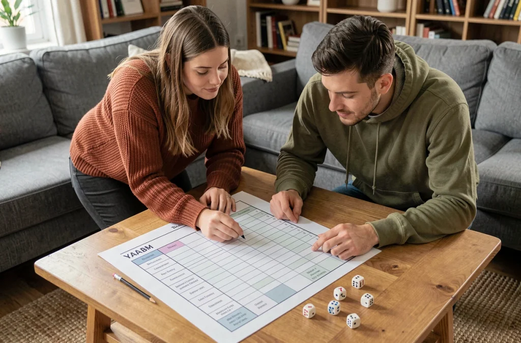 Deux amis consultant un tableau de score Yam optimisé imprimé sur une table basse dans un salon