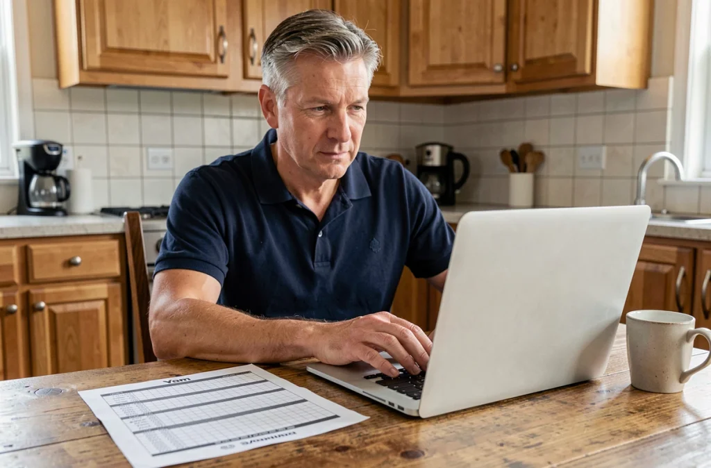 Homme comparant une feuille de score Yam imprimée à une version numérique sur laptop à la maison