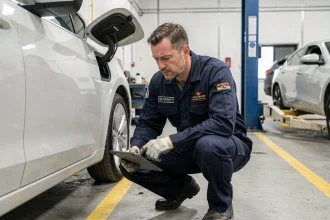 Technicien automobile effectuant le contrôle technique d'un véhicule hybride dans un centre d'inspection agréé