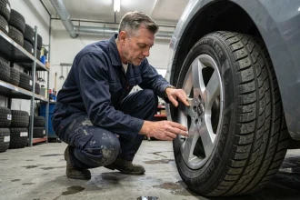 Technicien automobile inspectant un pneu hiver dans un garage, guide pour choisir ses pneus selon la saison