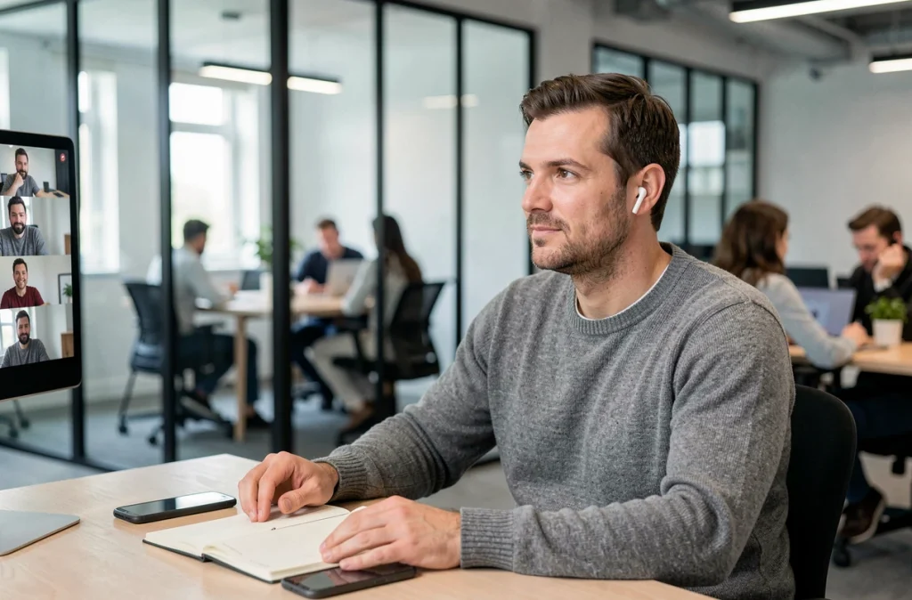 Employé de PME française en télétravail dans un espace de coworking moderne lors d'une visioconférence professionnelle