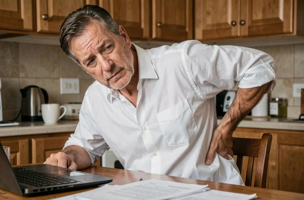 Homme en télétravail souffrant de douleurs lombaires assis à une table de cuisine utilisée comme bureau improvisé