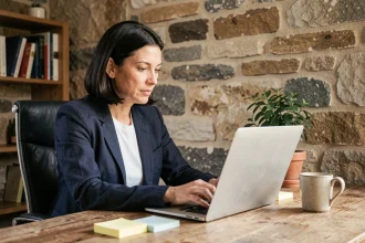 Femme cadre en télétravail dans un bureau à domicile aménagé avec murs en pierre, travaillant sur laptop dans une PME française en 2024
