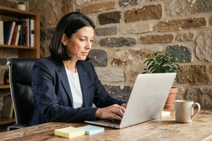 Femme cadre en télétravail dans un bureau à domicile aménagé avec murs en pierre, travaillant sur laptop dans une PME française en 2024