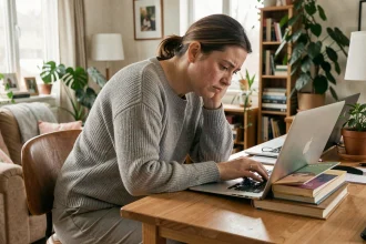 Femme en télétravail avec une mauvaise posture devant son ordinateur portable à domicile, souffrant de troubles musculo-squelettiques