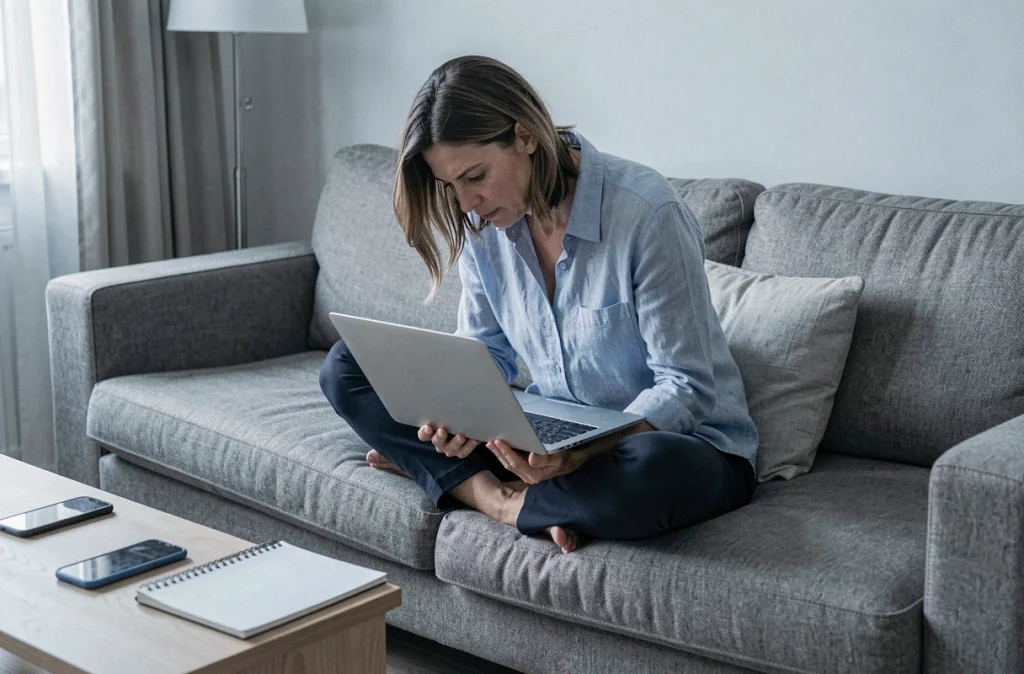 Femme en télétravail assise en tailleur sur un canapé avec un ordinateur portable sur les genoux, adoptant une posture néfaste pour le dos et le cou