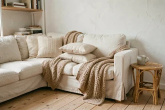 Salon scandinave décoré de textiles naturels en lin et laine, avec un canapé crème et des coussins en coton brut