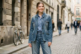 Jeune femme portant un total look denim dans une rue pavée européenne, avec blazer en jean structuré et jean wide-leg