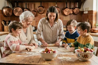 Grand-mère et petits-enfants qui préparent une recette ensemble dans une cuisine rustique, tradition familiale intergénérationnelle autour de la cuisine