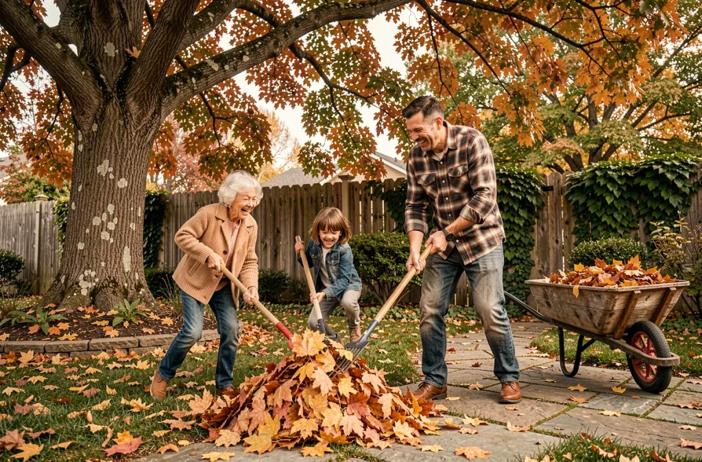 Famille de trois générations ramassant les feuilles mortes dans un jardin en automne, tradition saisonnière qui unit grands-parents, parents et enfants en plein air