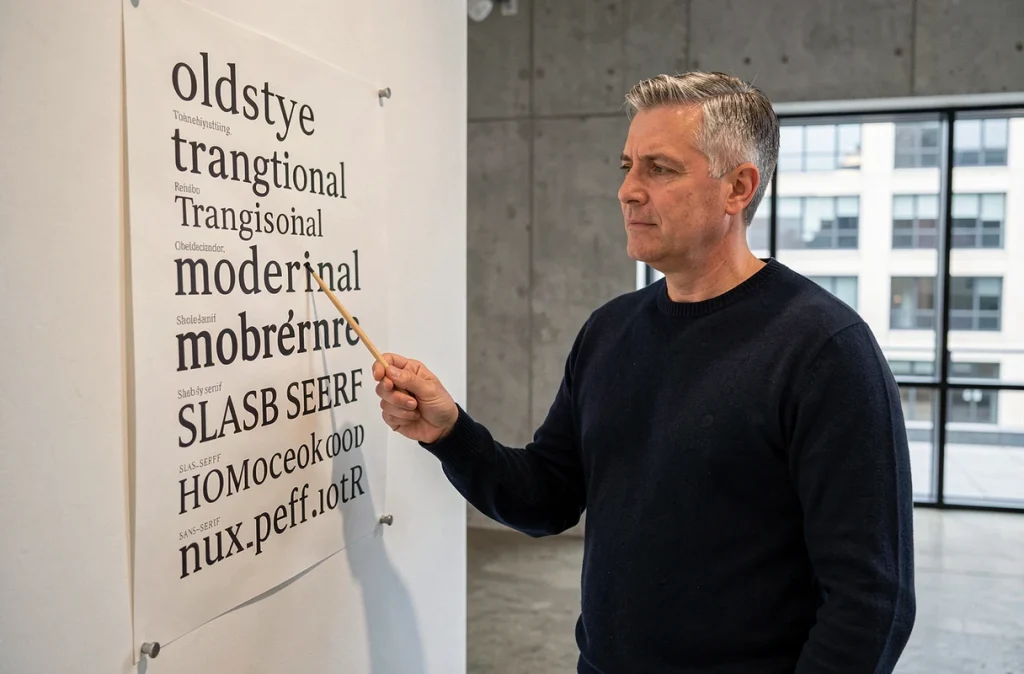 Typographe masculin présentant une affiche grand format illustrant les différentes catégories de polices de caractères dans un studio minimaliste