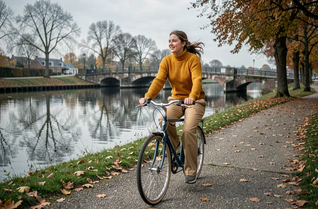 Jeune femme faisant du vélo le long du canal de la Deûle à Lille en automne