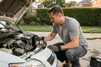 Homme vérifiant le niveau d'huile moteur de sa voiture avant l'été dans une allée résidentielle