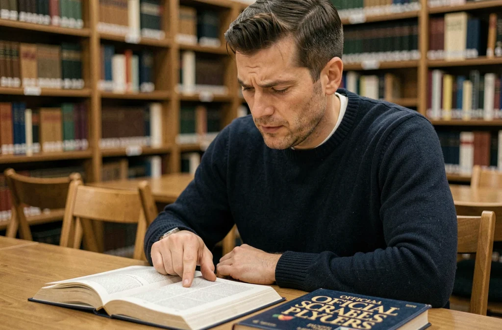Homme consultant le dictionnaire officiel du Scrabble pour vérifier si le mot YE est accepté