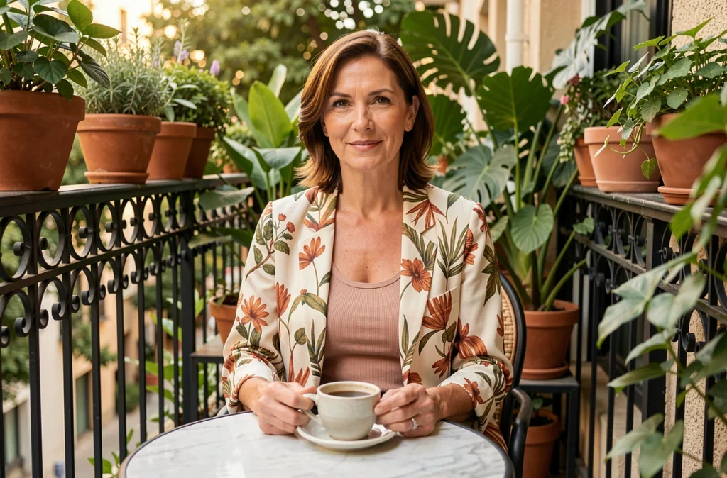 Femme en veste blouson à motifs botaniques terracotta assise en terrasse de café entourée de plantes au printemps