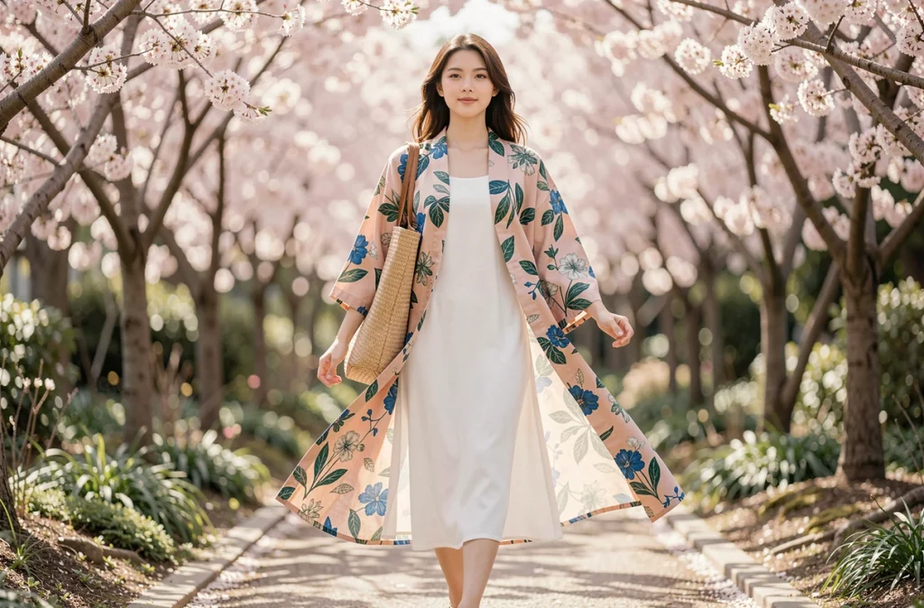 Jeune femme en veste kimono florale oversize marchant dans un jardin botanique fleuri au printemps