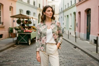 Femme portant une veste légère à imprimé fleuri rose et vert dans une rue pavée parisienne au printemps