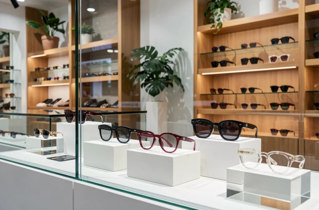 Vitrine d'une boutique de lunettes présentant des montures épaisses tendance cette saison