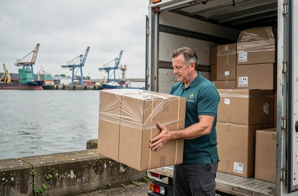 Déménageur ADAV chargeant des cartons près des quais de la Loire à Nantes