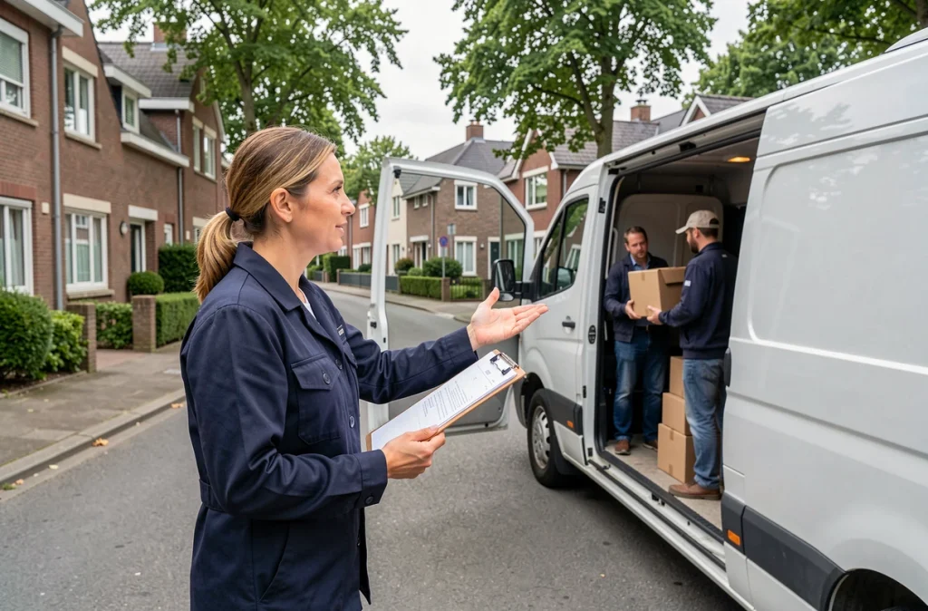 Coordinatrice ADO Déménagements supervisant le chargement d'un camion dans une rue résidentielle nantaise