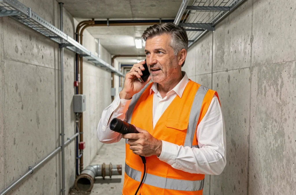 Technicien d'Allo Artisan PSU Plomberie Service Urgence répondant à un appel d'urgence dans un couloir technique à Bordeaux