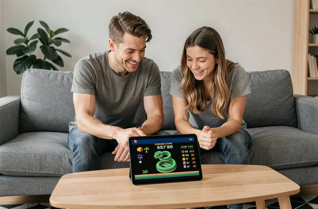 Deux amis jouant ensemble au jeu Google Année du Serpent sur tablette dans un salon scandinave