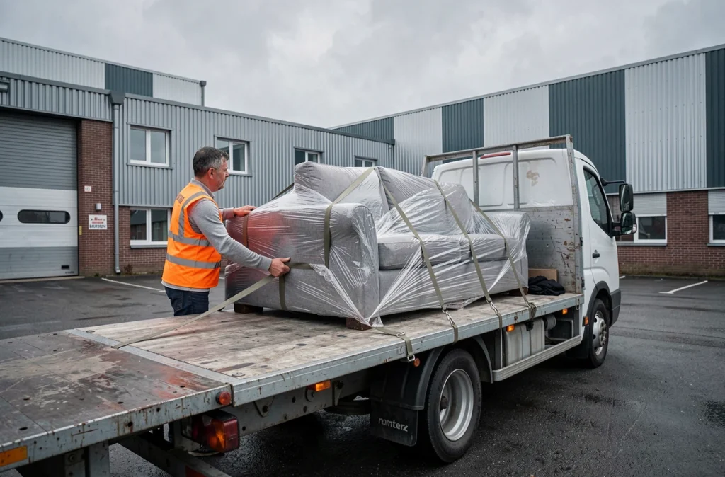 Professionnel AML Transport sécurisant un canapé emballé sur un véhicule utilitaire à Nantes