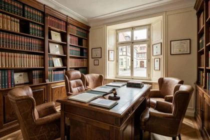 Intérieur d'un cabinet d'avocats dans le Haut-Rhin avec bibliothèque juridique et bureau en bois