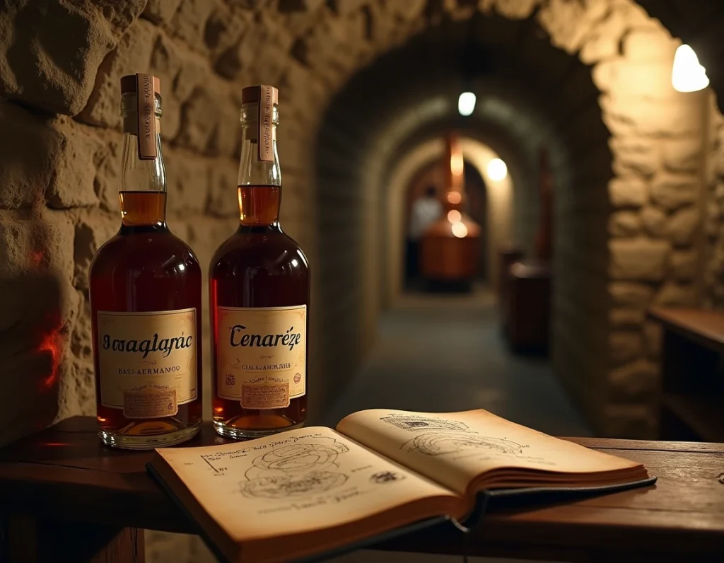 Gros plan sur deux bouteilles d'Armagnac d'appellation différente et un carnet de dégustation manuscrit posés sur une étagère de cave en pierre, symbolisant les terroirs du Bas-Armagnac et du Ténarèze