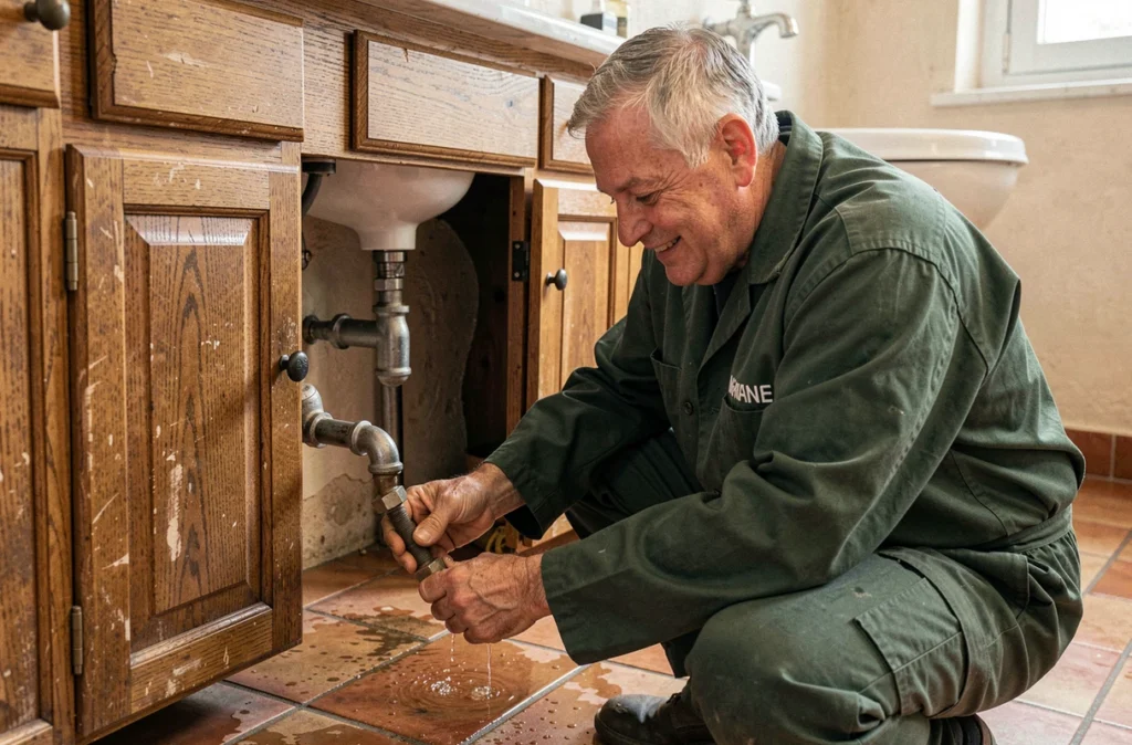 Christophe Bonhomme, plombier, intervenant sur une fuite d'eau sous un lavabo dans une maison en Nouvelle-Aquitaine