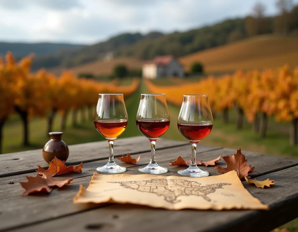 Table de dégustation d'Armagnac en plein air dans un vignoble gascon en automne, avec carte des terroirs sur parchemin et trois verres aux teintes ambrées différentes
