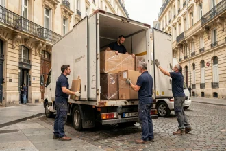 Équipe de déménageurs professionnels chargeant un camion dans une rue de Nantes