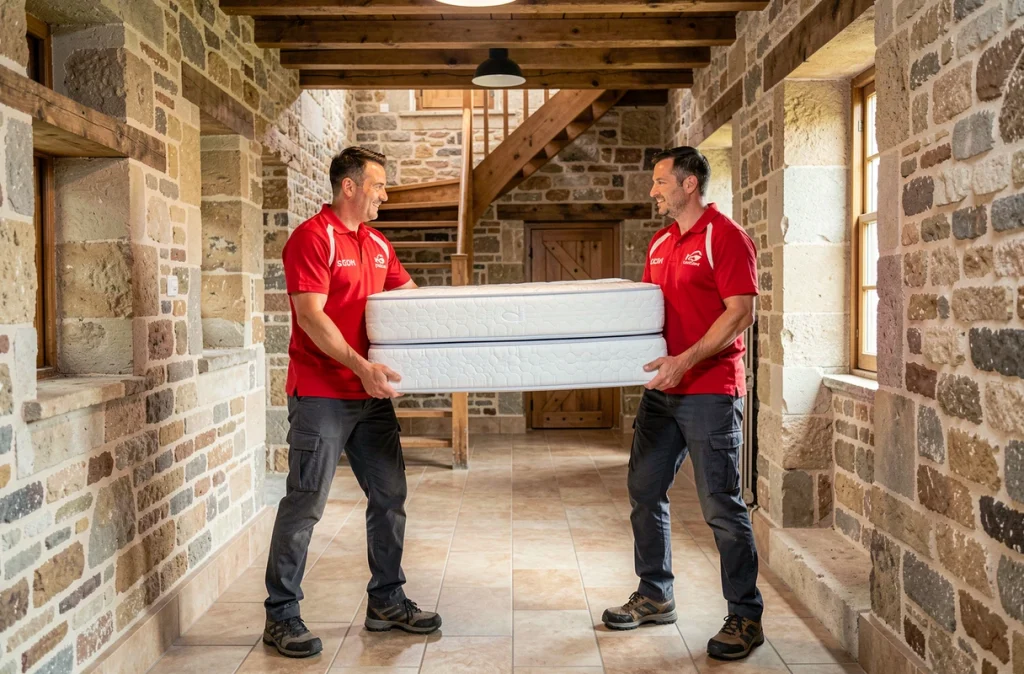Deux déménageurs bretons portant un matelas dans un couloir d'immeuble nantais