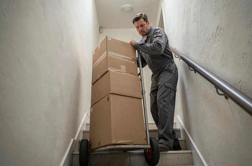 Déménageur Demidov manœuvrant un diable chargé de cartons dans une cage d'escalier étroite