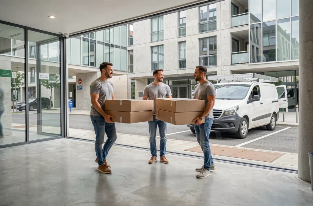 Trois helpers Des Bras en Plus portant des meubles en kit hors d'un immeuble moderne nantais