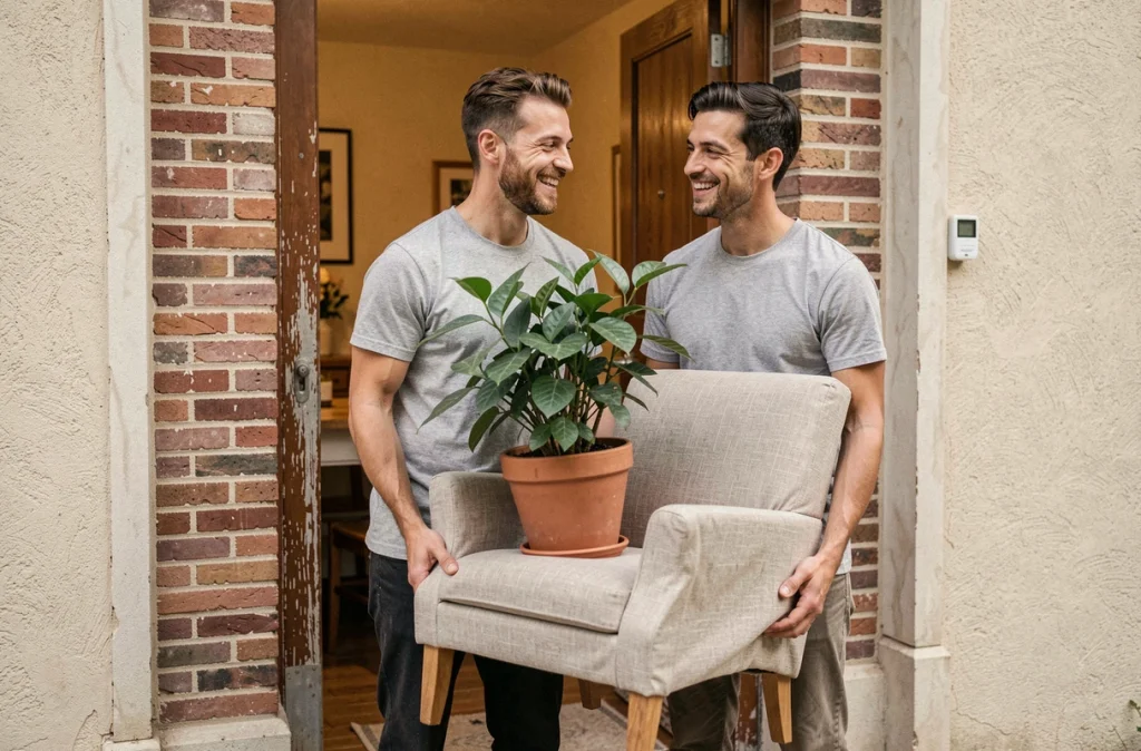 Duo de déménageurs Entre-nous transportant un fauteuil et une plante depuis un appartement nantais