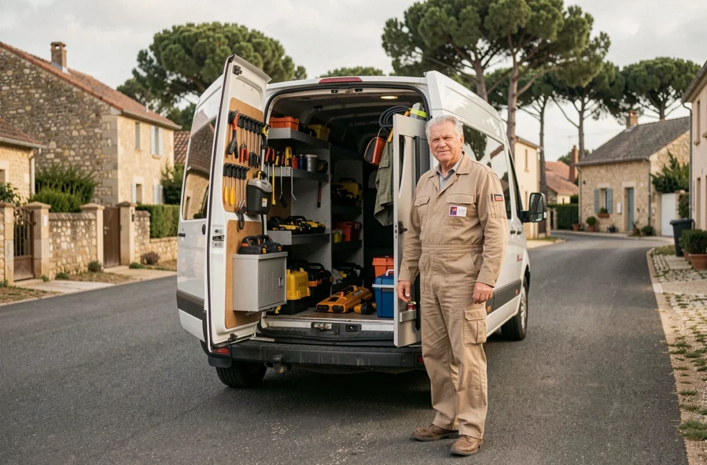 Plombier de l'Établissement Laplagne chargeant son véhicule avant une intervention d'urgence dans les Landes en Nouvelle-Aquitaine