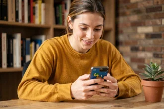 Jeune femme jouant au jeu Google Année du Serpent sur smartphone dans un bureau cosy