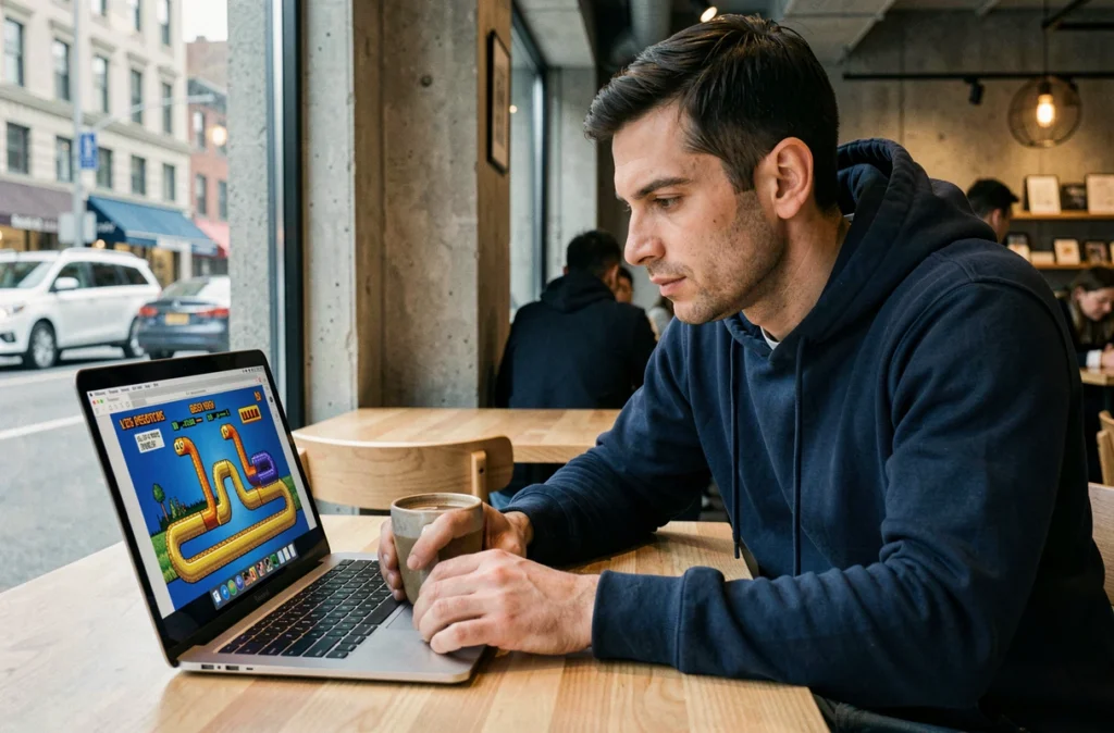 Homme consultant les astuces du jeu Google Année du Serpent sur laptop dans un café urbain