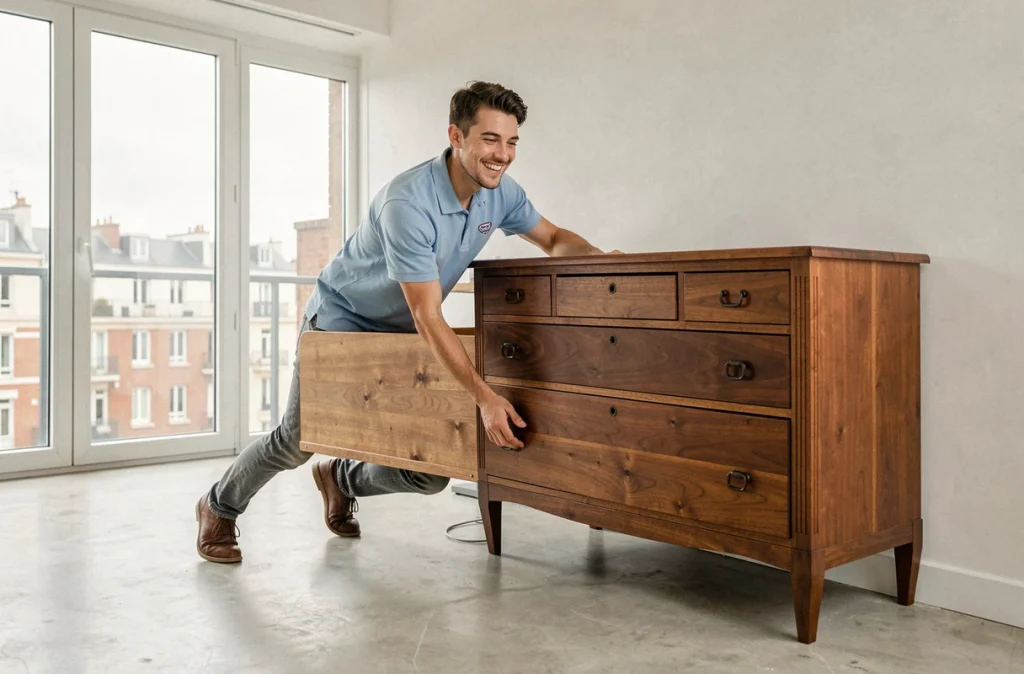 Déménageur Les Petits Bleus glissant une commode en bois dans un appartement moderne à Nantes