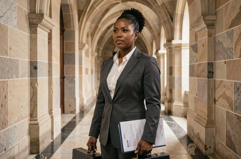 Maître Estelle Diop, avocate en droit pénal et droit social, dans un couloir du palais de justice de Colmar