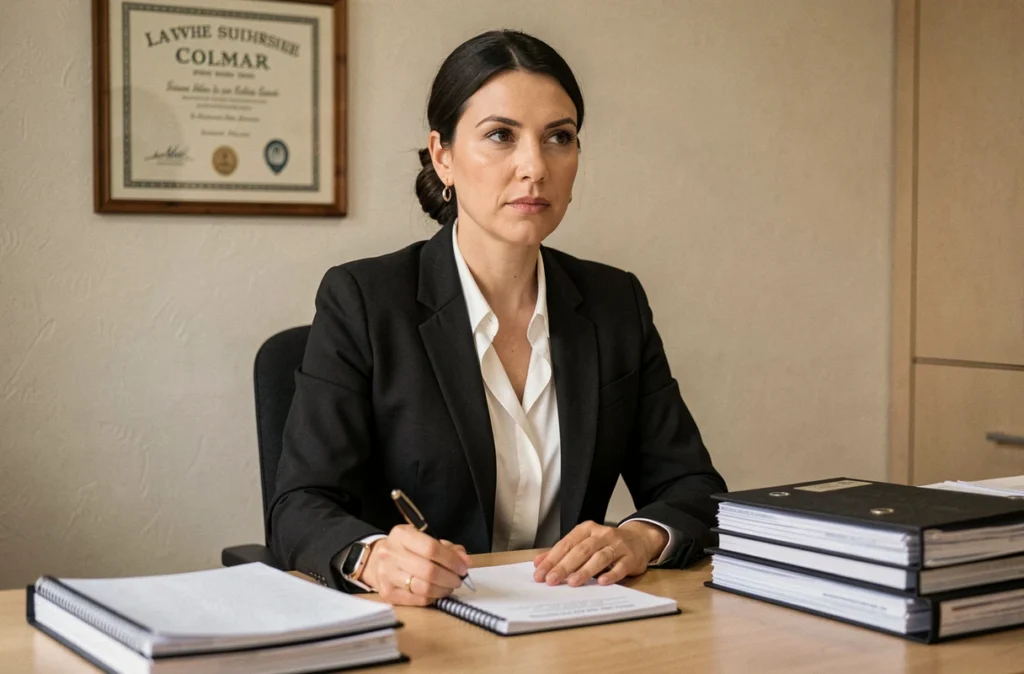 Maître Laetitia Parage, avocate au barreau de Colmar, à son bureau avec dossiers juridiques