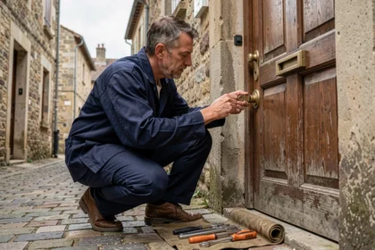 Serrurier professionnel inspectant une serrure ancienne dans une ruelle pavée de l'Indre
