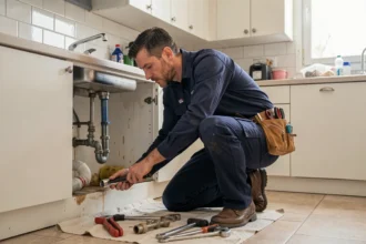 Plombier professionnel en intervention d'urgence sous un évier dans un appartement en Nouvelle-Aquitaine