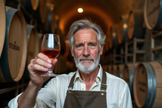 Sommelier expérimenté dégustant un verre d'Armagnac dans une cave viticole avec des fûts de chêne en arrière-plan, illustrant l'art de la dégustation par terroir