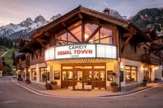 Façade d'une salle de cinéma installée dans un casino de station thermale