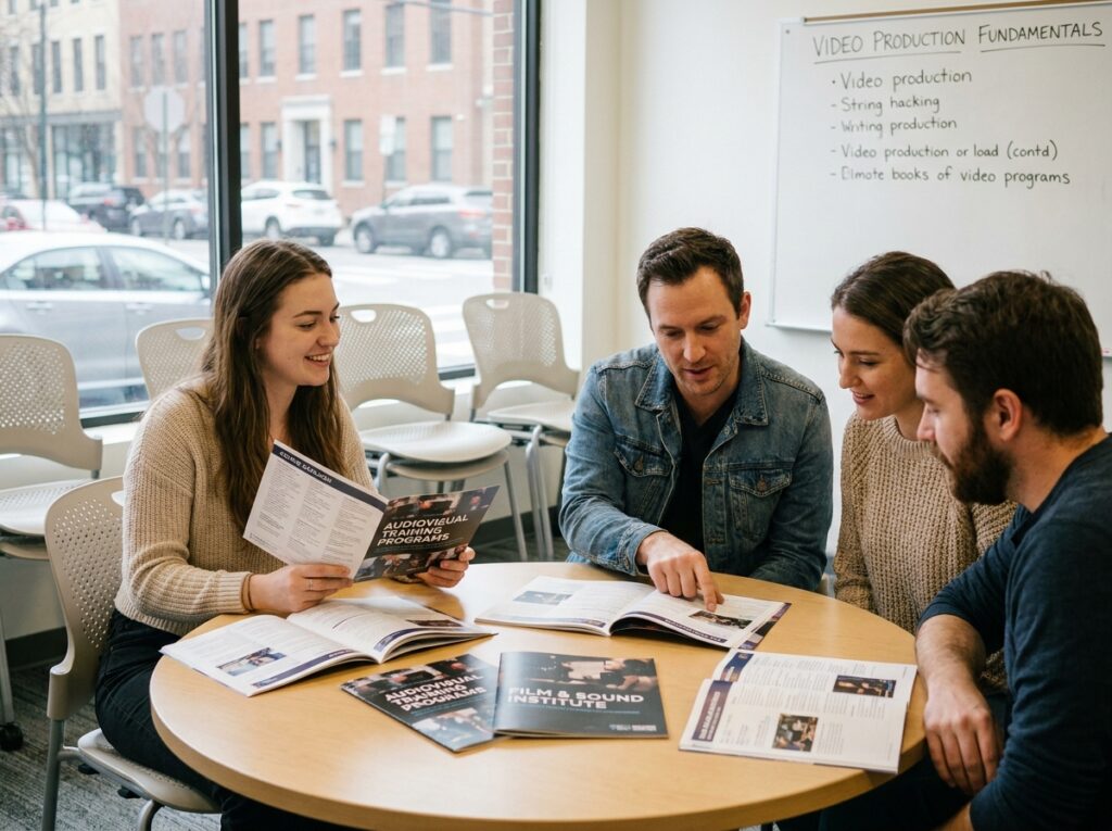 Groupe d'étudiants comparant des brochures de formations en audiovisuel dans une salle de cours moderne